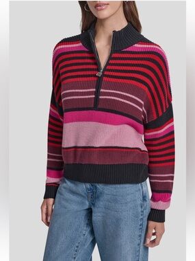 DKNY NWT Bold/Fine Stripe Quarter-Zip Knit 100% Cotton Sweater